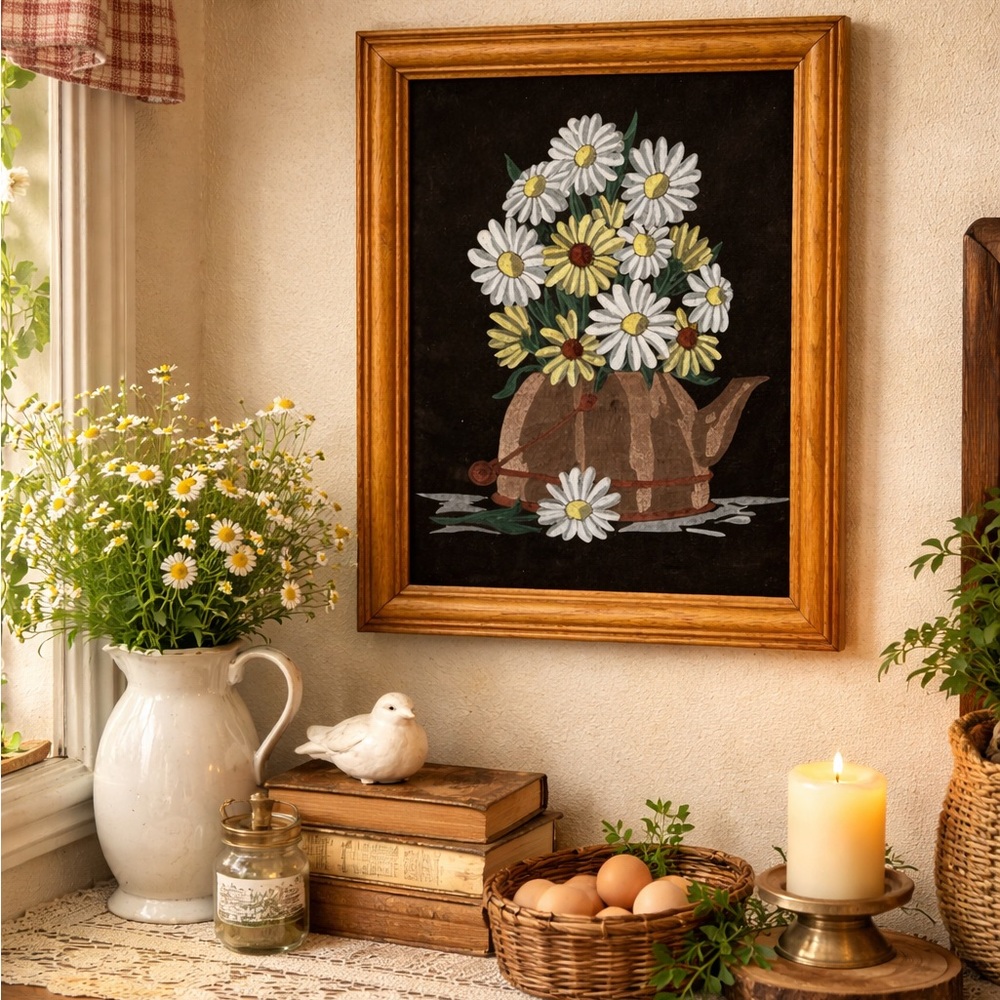 Art picture Daisies on velvet wall boho decor painting 70s